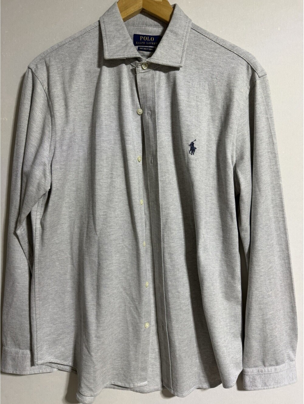 Polo Ralph Lauren Knit Dress Shirt Gray Herringbone Logo L Classic 32/33